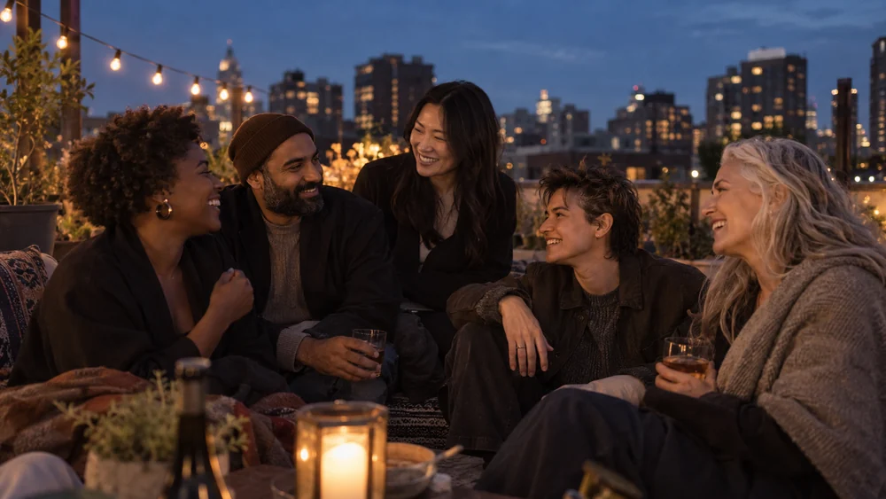 Five creative friends sharing a relaxed conversation on a rooftop at dusk